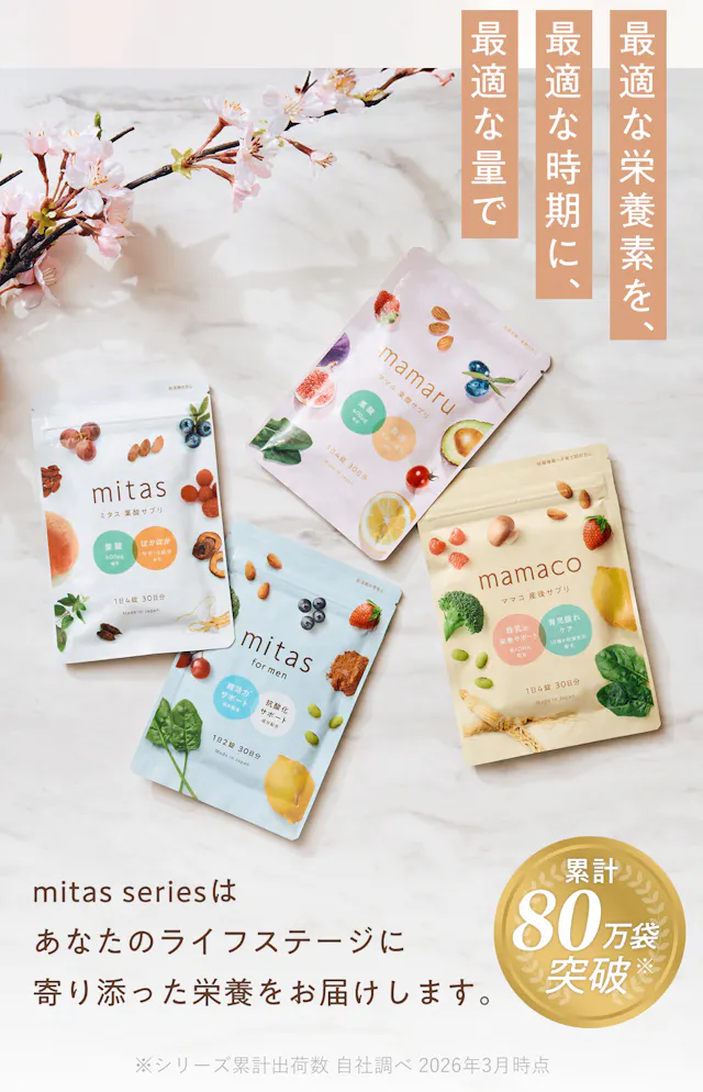 最適な栄養素を、最適な時期に、最適な量で。mitas・mamaru・mitas for men・mamacoのmitas seriesラインナップ。累計80万袋突破