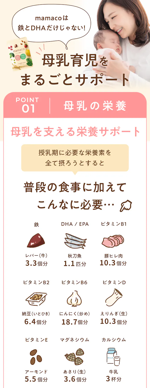 POINT01 母乳の栄養｜母乳を支える栄養サポート。授乳期に必要な鉄・DHA/EPA・各種ビタミン・ミネラルを食材の量に換算して紹介